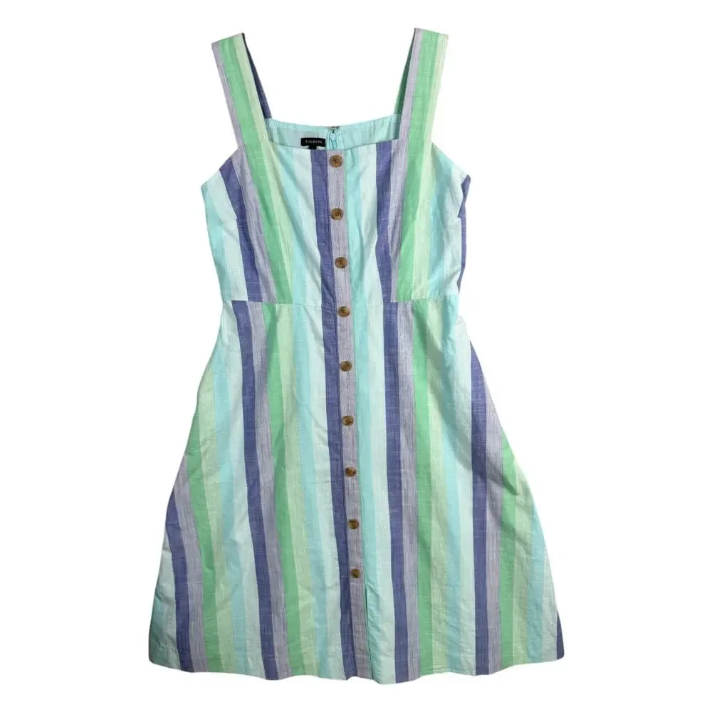 Talbots 4 Beachcomber Stripe Sleeveless Midi Dress Fit Flare 100% Cotton Pockets